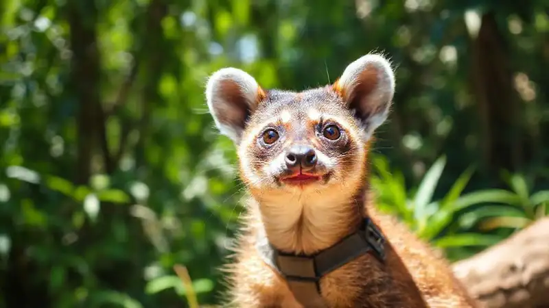 Un coati curioso, felizmente equipado, en selva